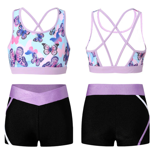 Girls Lilac Butterfly V Fit shorts Gym Set