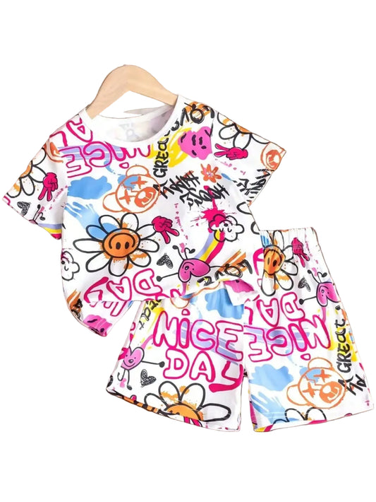 Kids lounge set, white graphic T-shirt with shorts, colorful cartoon graffiti print