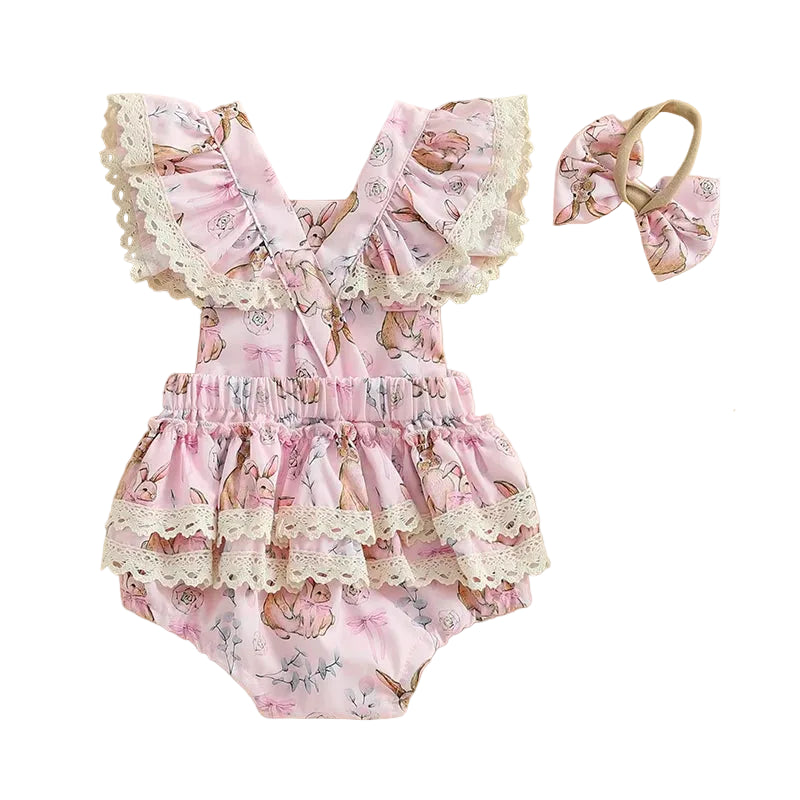 Baby Girls Bunny Print Romper with Lace Trim & Matching Bow Headband