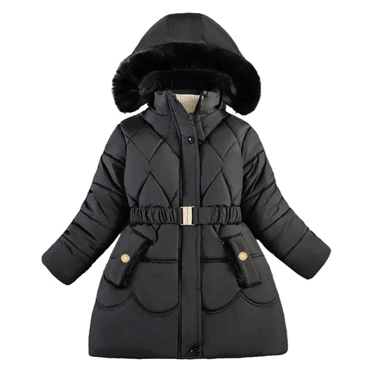 Girls dark puffer coat with hood and faux-fur trim, front zip, adjustable belt