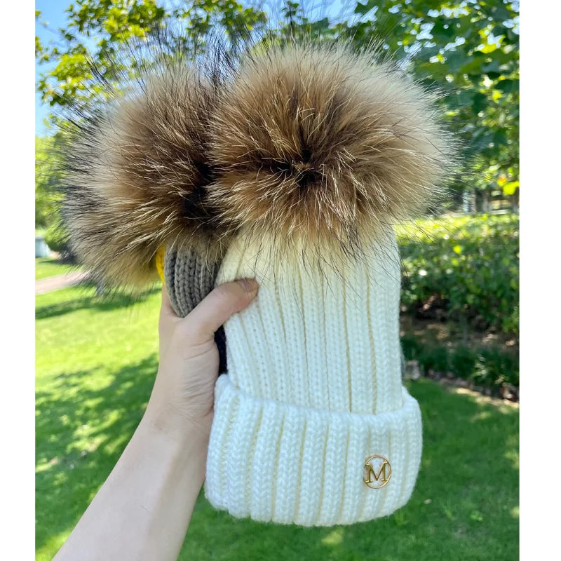 Pom Pom Raccoon Fur Hat - Cream