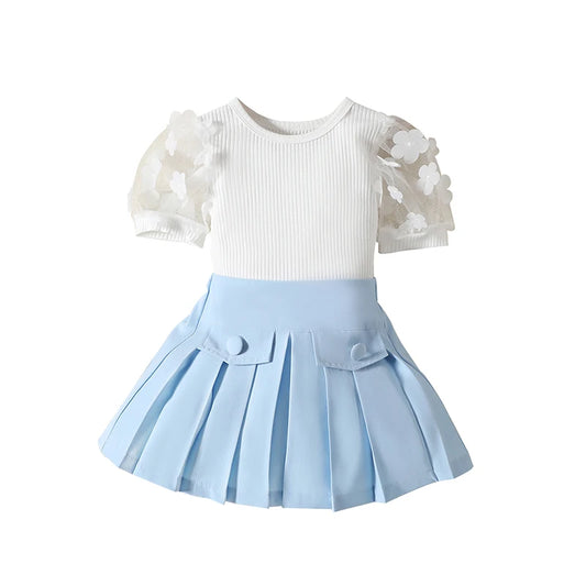 Girls Two Piece Pleated Skirt Set Blue