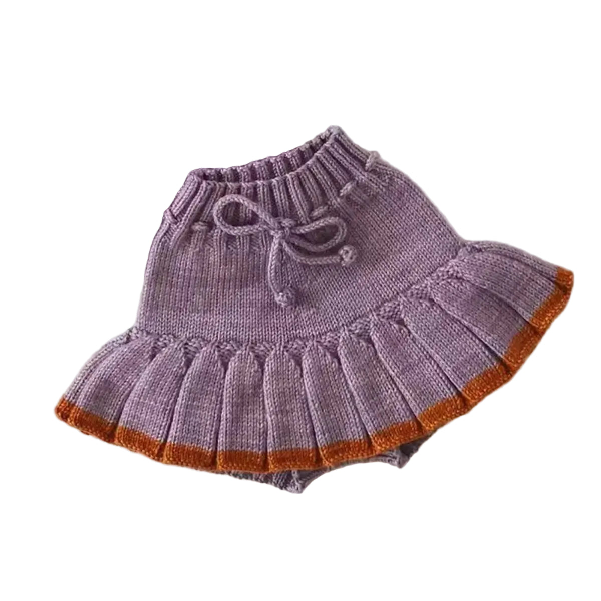Purple knit sweater with button front and bow, plus pleated knit skort with bow