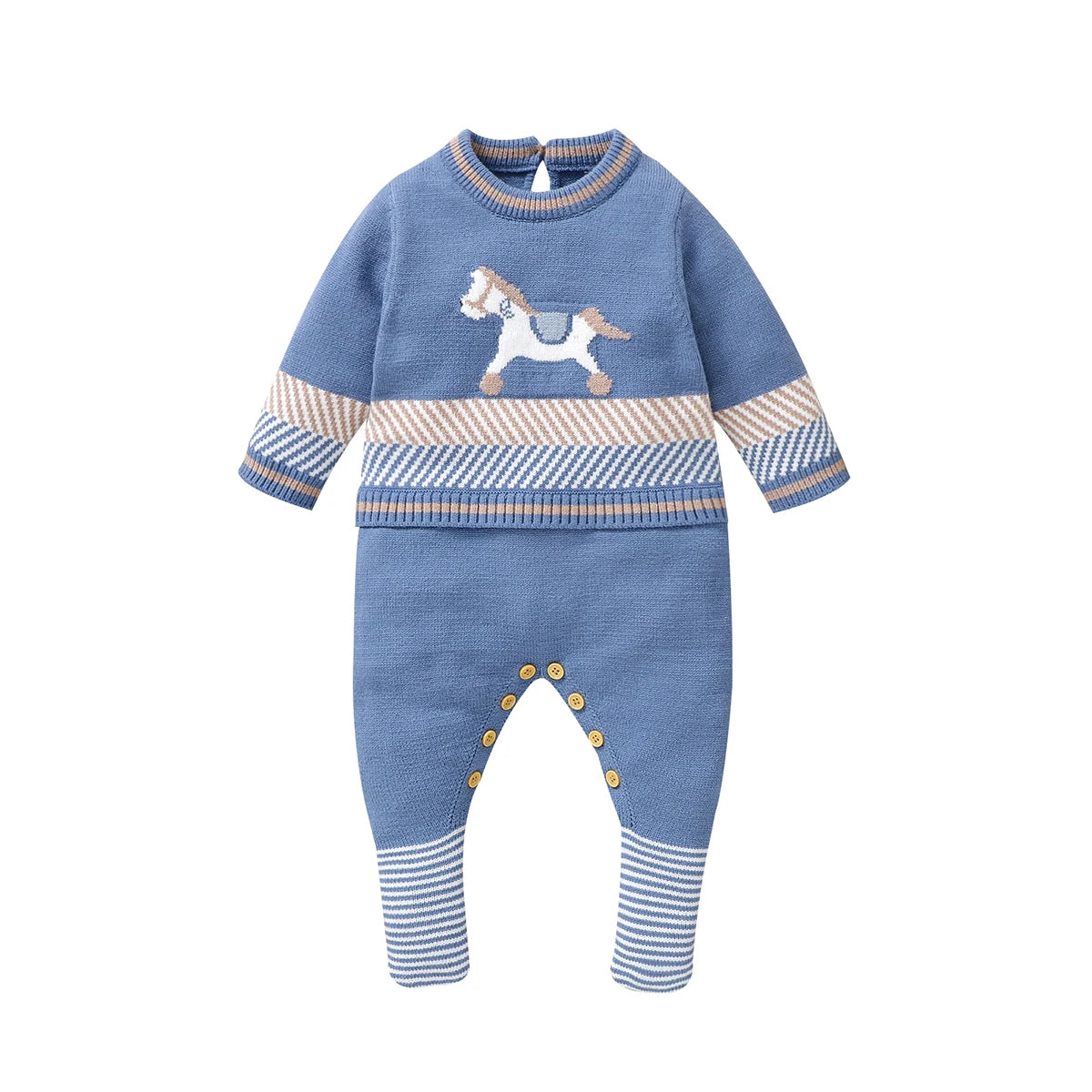 Blue knitted baby romper with long sleeves, horse motif, striped trim, and button legs
