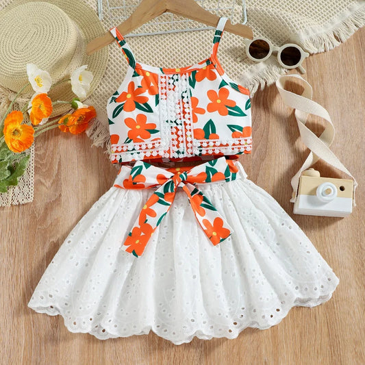 Girls Orange Floral Skirt Set