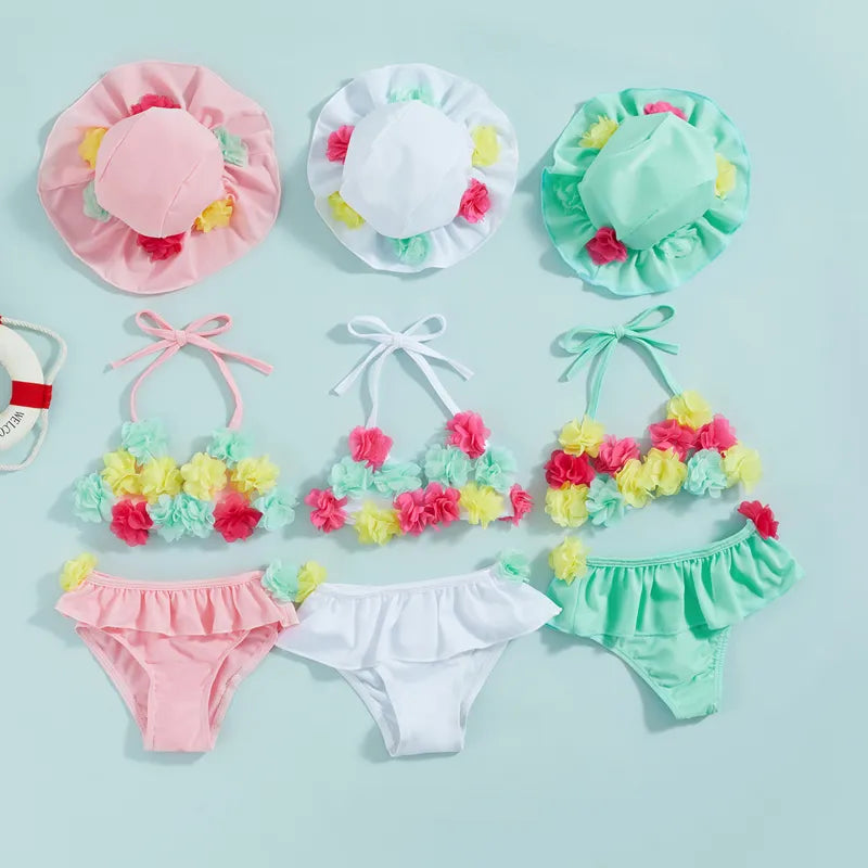 Girls Princess Baby Pink 3-piece Floral Bikini Set