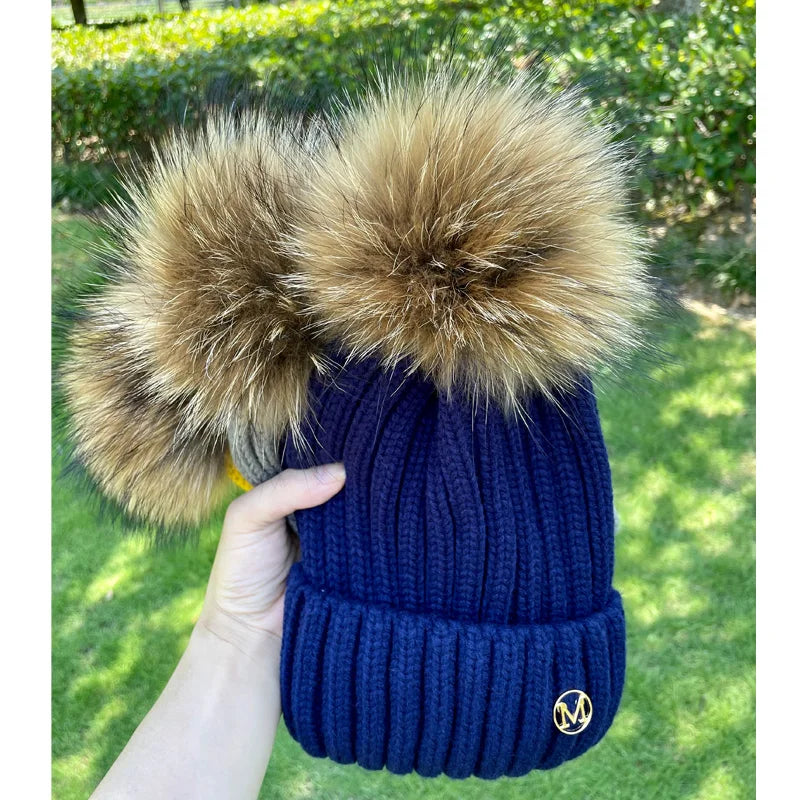 Pom Pom Raccoon Fur Hat - Navy
