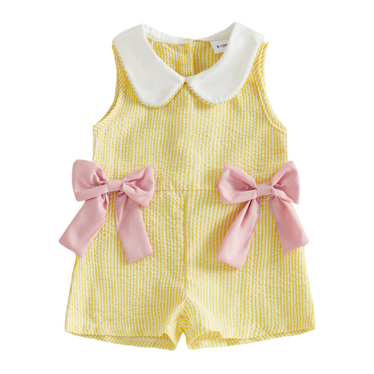 Girls Toddler Yellow Gingham Romper with Pink Bow Detail