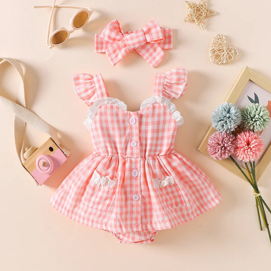 baby Girl Gingham Romper and Matching Bow