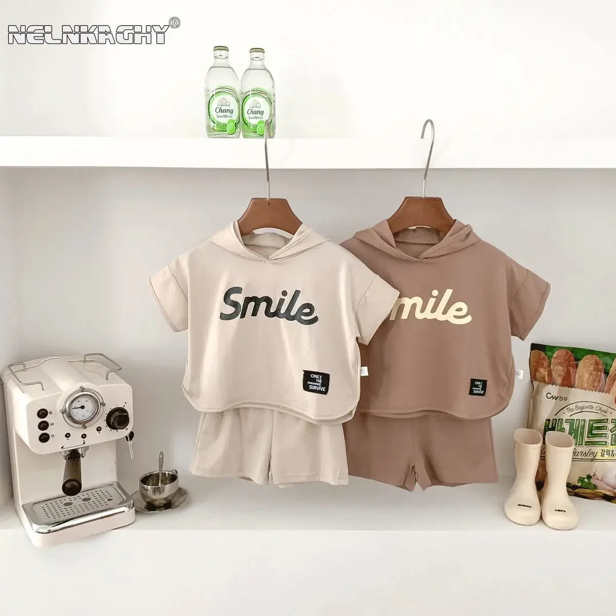 Boys Beige Hooded T shirt 'Smile' and matching shorts