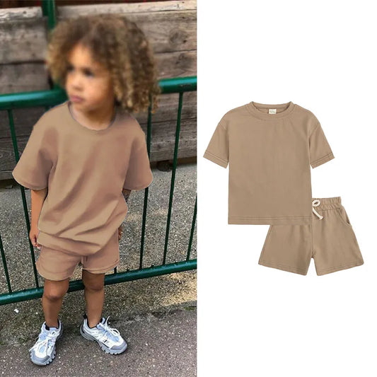 Summer Two Piece T Shirt and Shorts Set - Brown