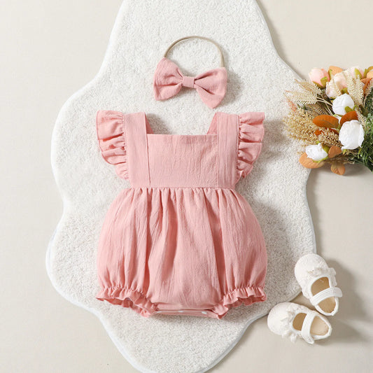 Baby Girls Pastel Pink Ruffle Romper with Bow Hairband