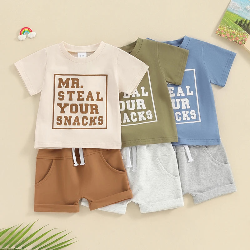 Boys Toddler Cotton Green T shirt and Shorts Set 'MR I steal your snacks'!