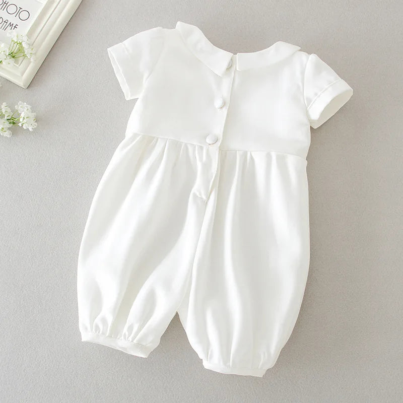Boys White Christening Romper, with waist coat and Flat Cap