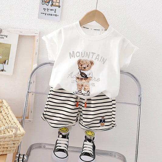 Boys Mountain Teddy White T shirt and Navy Striped Shorts *