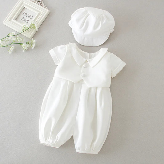 Boys White Christening Romper, with waist coat and Flat Cap *