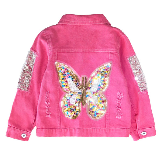 Girls Denim Fushia Sequin Embelished Butterfly Jacket