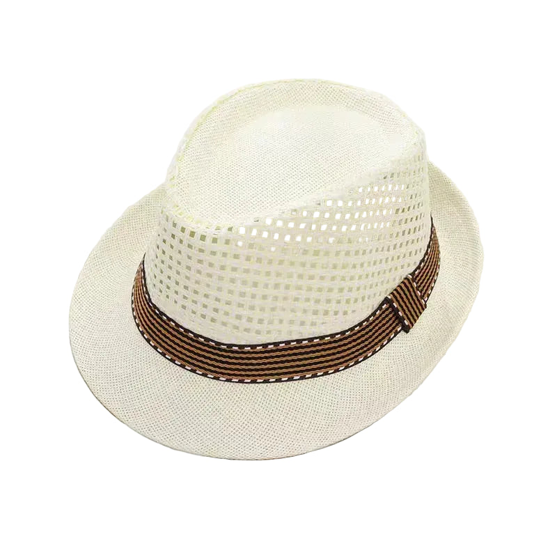 Beige straw hat with a brown band on a white surface