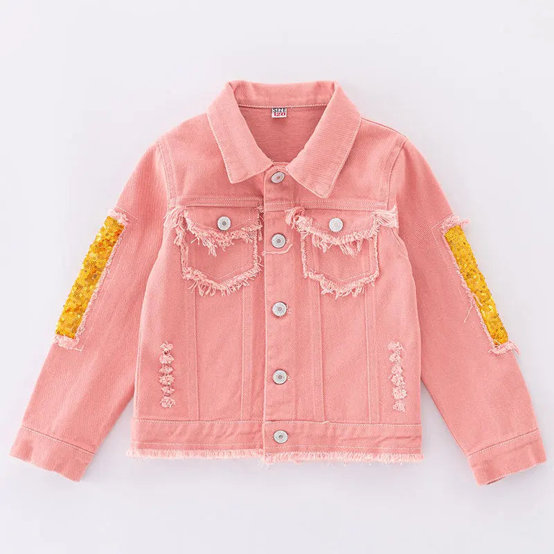 Girls Pink Sequin Denim Jacket