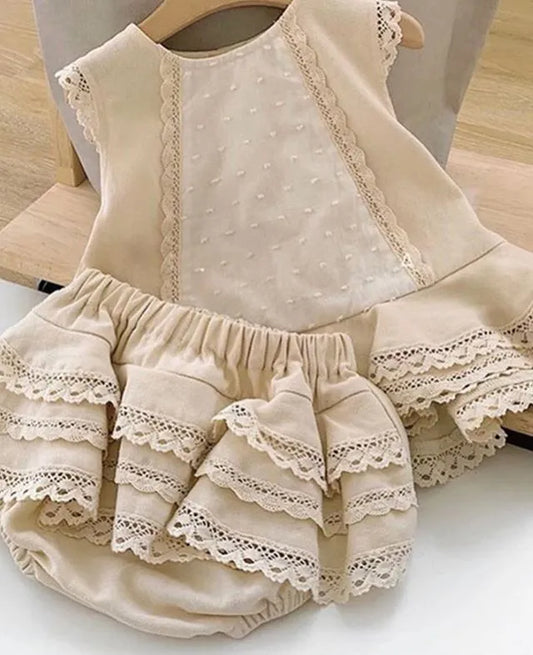 Baby Girls Beige Lace Top and pants Set. Long tiered drop waiste top, with matchig blooers, beige with lace frill most beautiful set, real vintage feel.