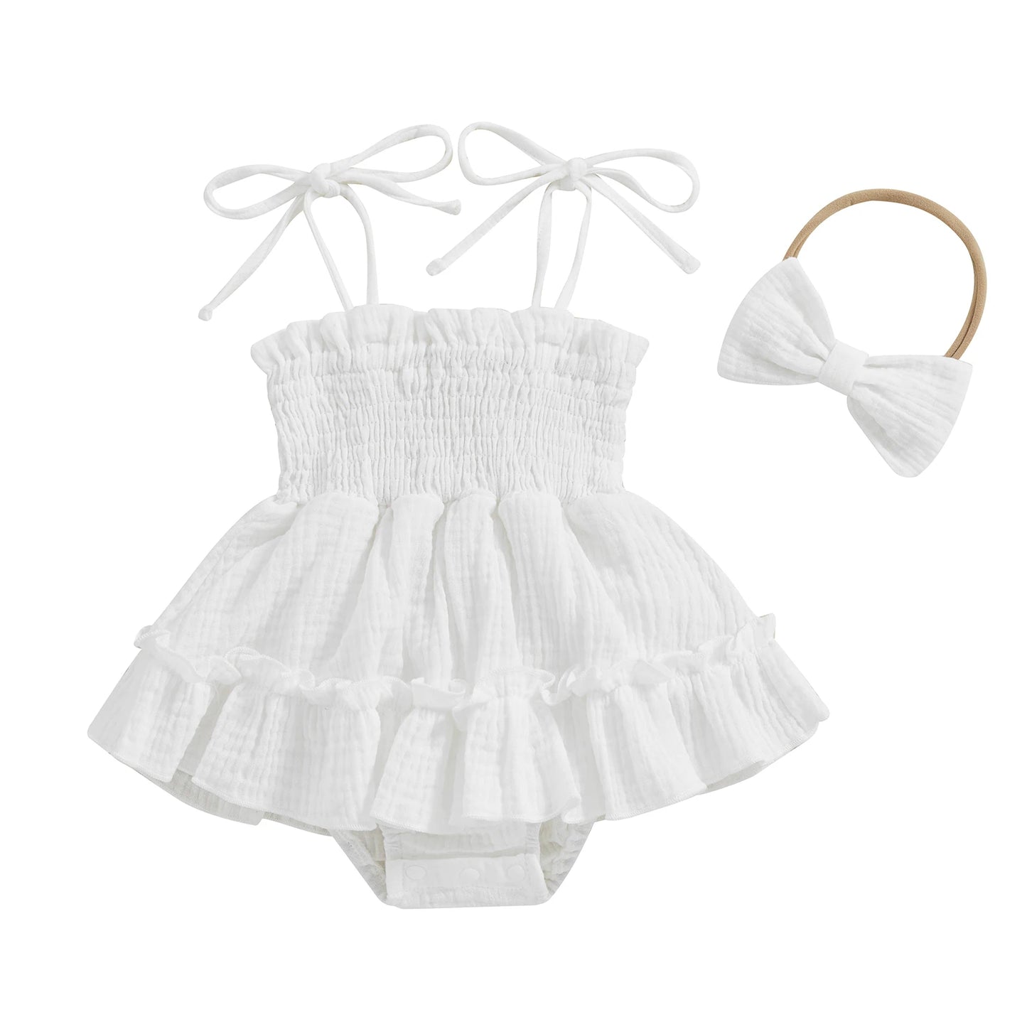 Baby Girls Smocked Frill Romper with Matching Bow Headband