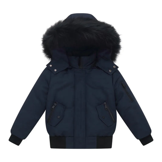 Navy blue winter jacket with fur hood on a white background