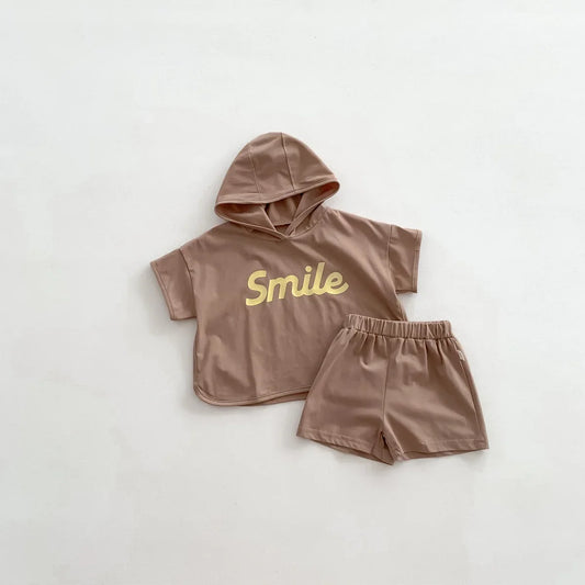 Boys Brown Hooded T shirt 'Smile' and matching shorts *