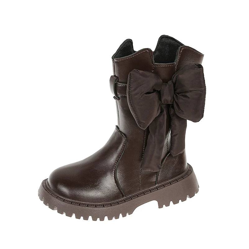 Girls Mid Calf Brown Bow Boots