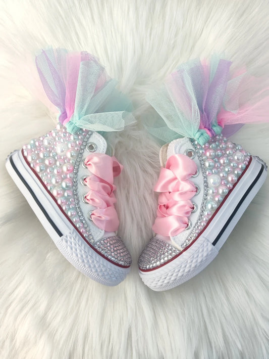 Dolly Bling Baseball Boots White & Pink Pearl with Tulle Canvas *