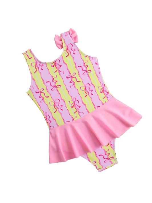 Girls Bow Print Swimsuit with Frill Skirt – Pink & Lime (4–8 Years) *Preorder