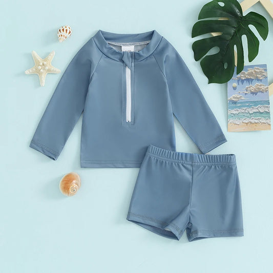 Summer Kids Long Sleeve Tops and Shorts UV Swimsuit in Blue