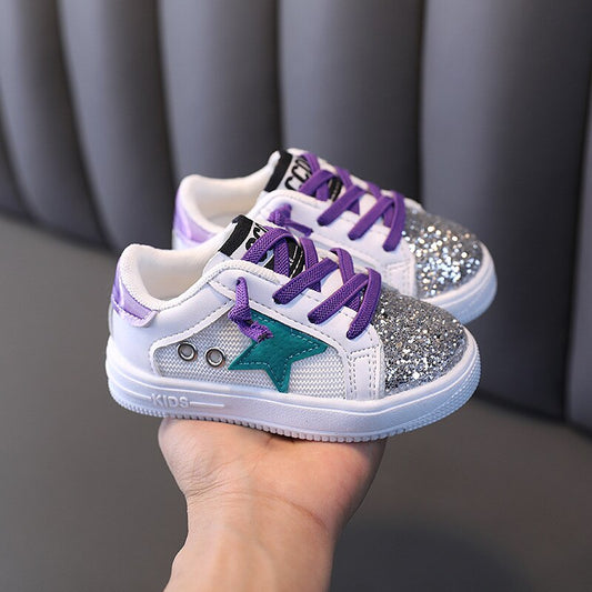 Girls Casual Board Shoes Purple Silver Star Sequin *