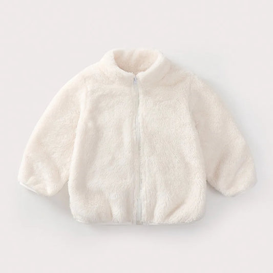 Girls teddy fleece zip jacket in off white with full-length front zipper