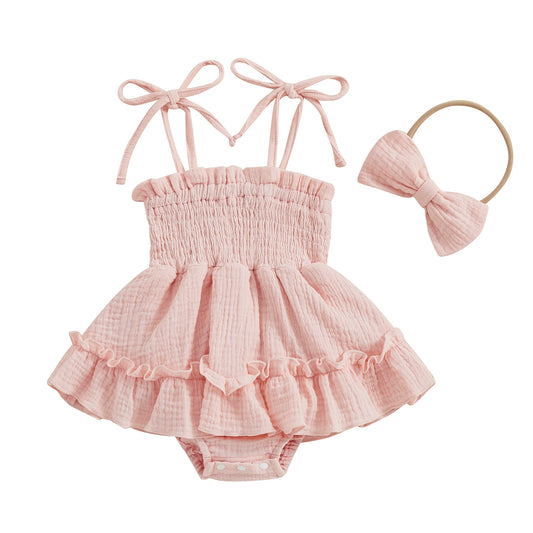 Baby Girls Smocked Frill Romper with Matching Bow Headband