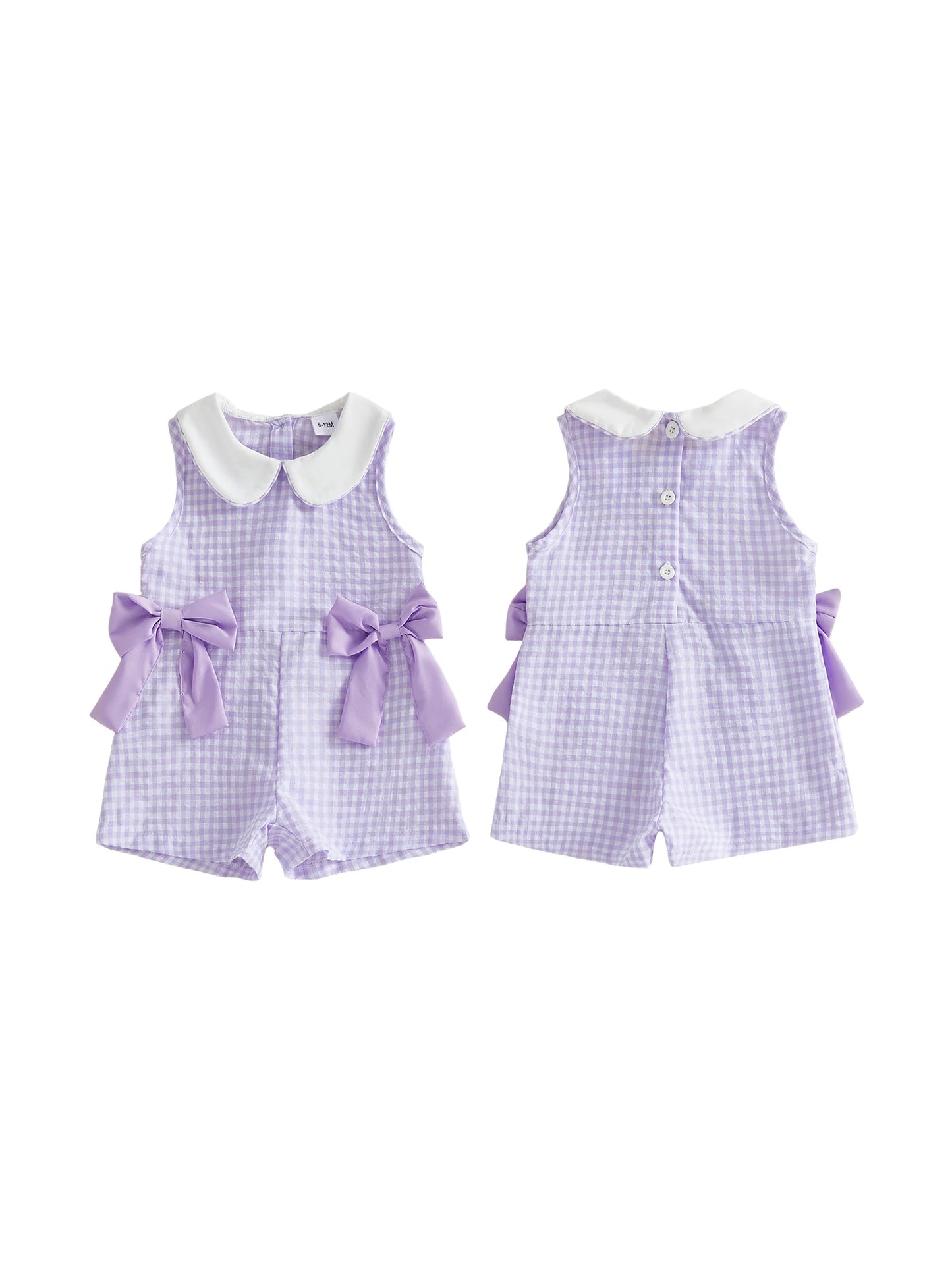 Girls Toddler Purple Gingham Romper with Lilac Bow Detail