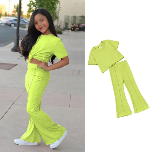 Girls Top and Bell Bottom Trouser Set - Lime