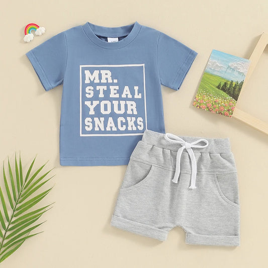 Boys Toddler Cotton Blue T shirt and Shorts Set 'MR I steal your snacks'! *