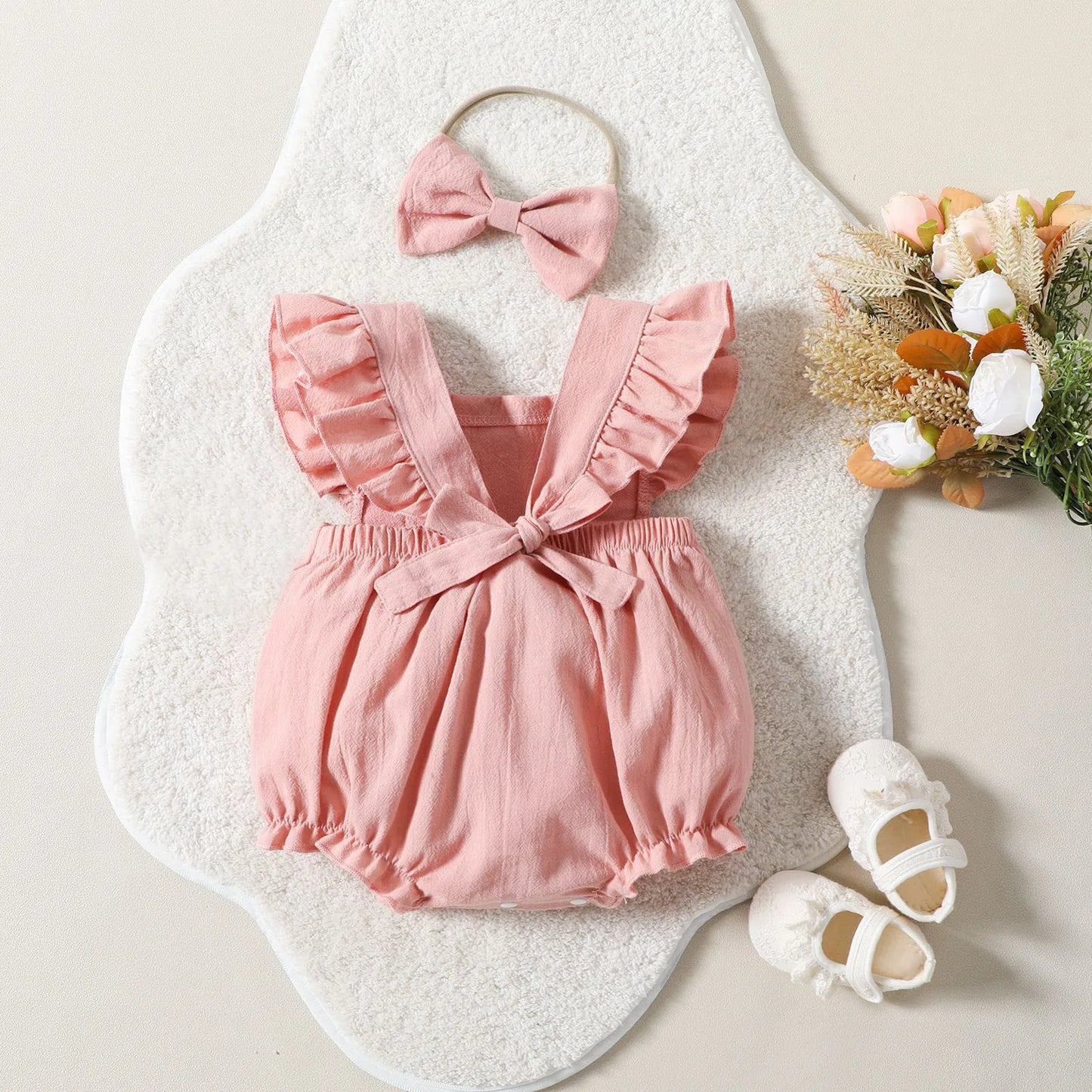Baby Girls Pastel Pink Ruffle Romper with Bow Hairband