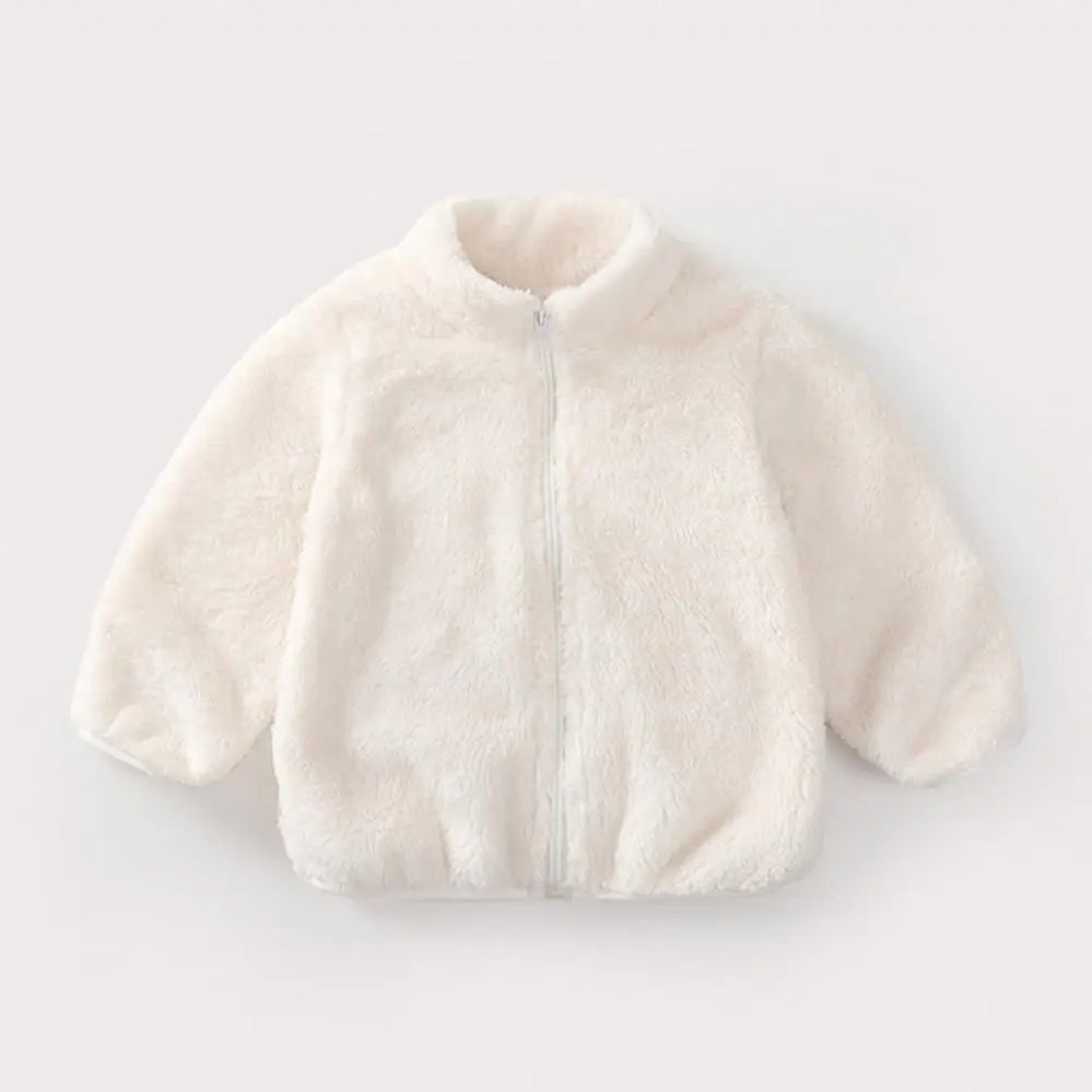Girls teddy fleece zip jacket in off white with front zipper closure