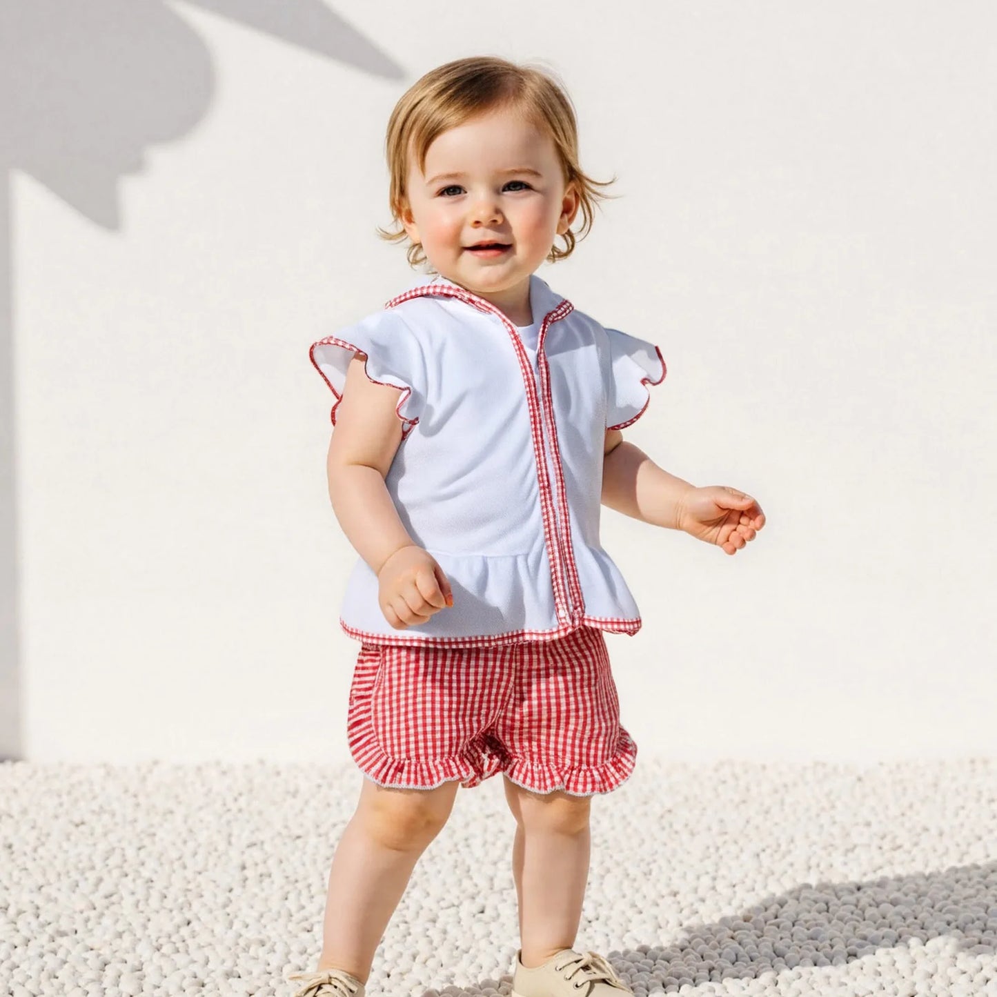 Girls’ Summer Beach Coral Clothes Set – Short Sleeve Hood Top & Ruffled Plaid Shorts (1–5 Years) *Preorder
