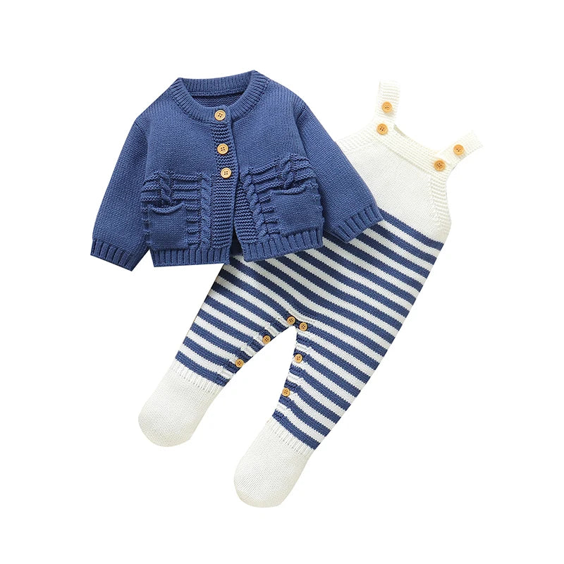 Two-piece baby set: blue knit cardigan with striped romper legs and buttons