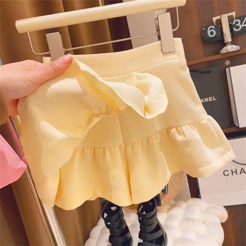 Girls Lemon Puff Sleeve Polo Top and Matching Frilled Skort
