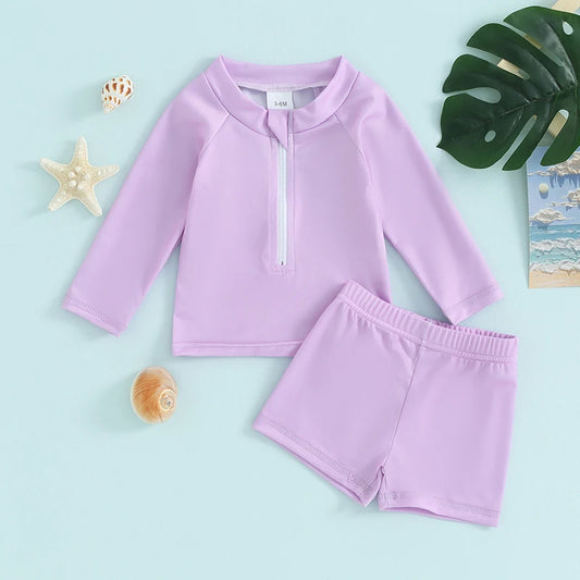 Summer Children Kids Baby Boy Girl Biknis Sets Solid Long Sleeve Zipper Tops Shorts Swimsuits Bathing Suits Swimwear Beachwear