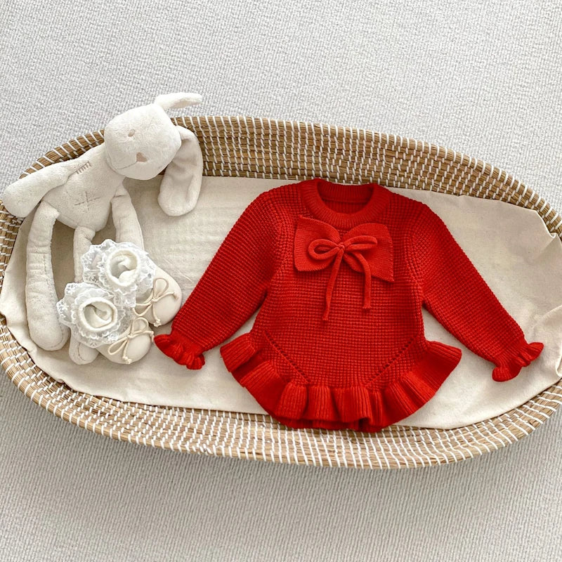 Girls knit pullover sweater with bow, long sleeves, red