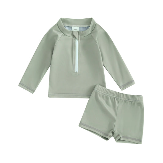 Summer Kids Long Sleeve Tops and Shorts UV Swimsuit in Green