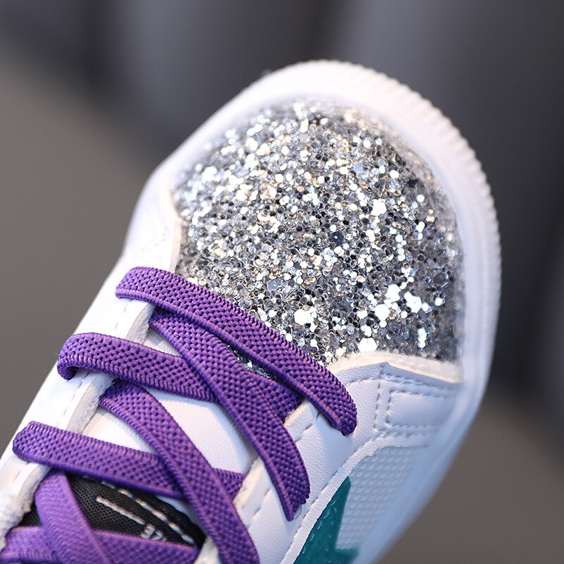Girls Casual Board Shoes Purple Silver Star Sequin