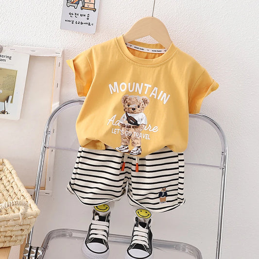 Boys Mountain Yellow Teddy T shirt and Navy Striped Shorts *