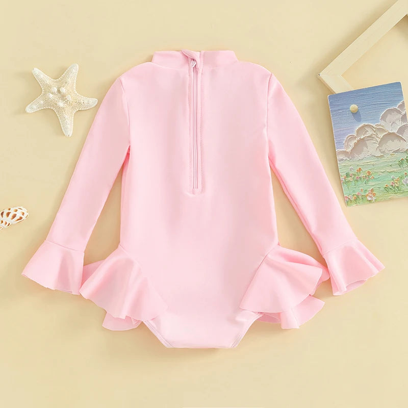 Summer Girls Long Sleeve Swimsuit in pink with beautiful frill