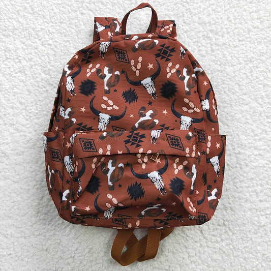 Brown backpack with bull pattern on a white textured background