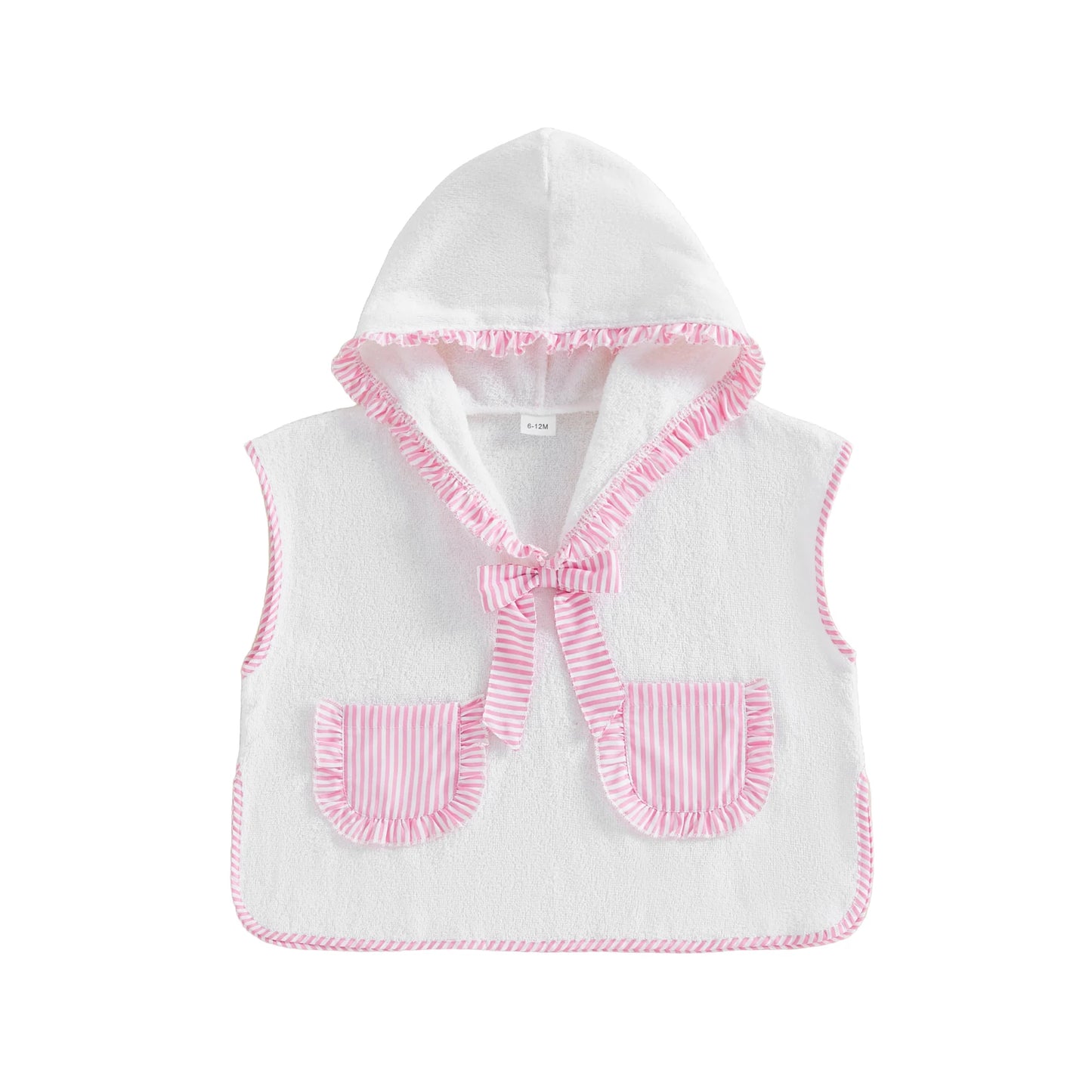 Kids hooded towel poncho in white with pink striped trim, bow, and two front pockets